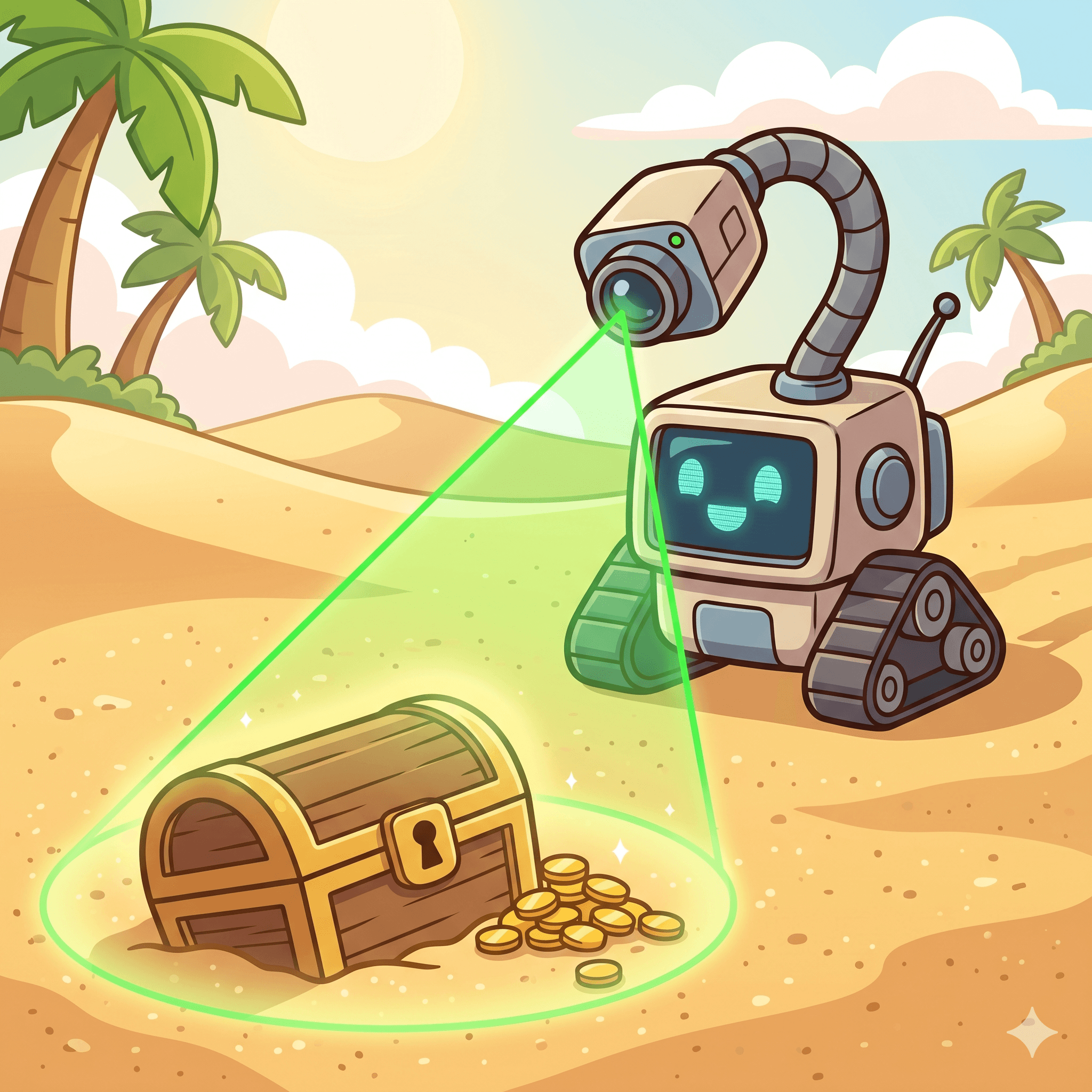 A small robot sweeps a laser detector across the sand, scanning for hidden objects.