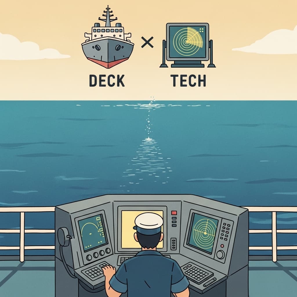 On the DECK, a TECH detector scans beneath the surface.(de·tec·tor = DECK + TECH + -or (doer)
→ On a ship’s DECK, TECH becomes a detector
→ DECK + TECH → detect → detector)