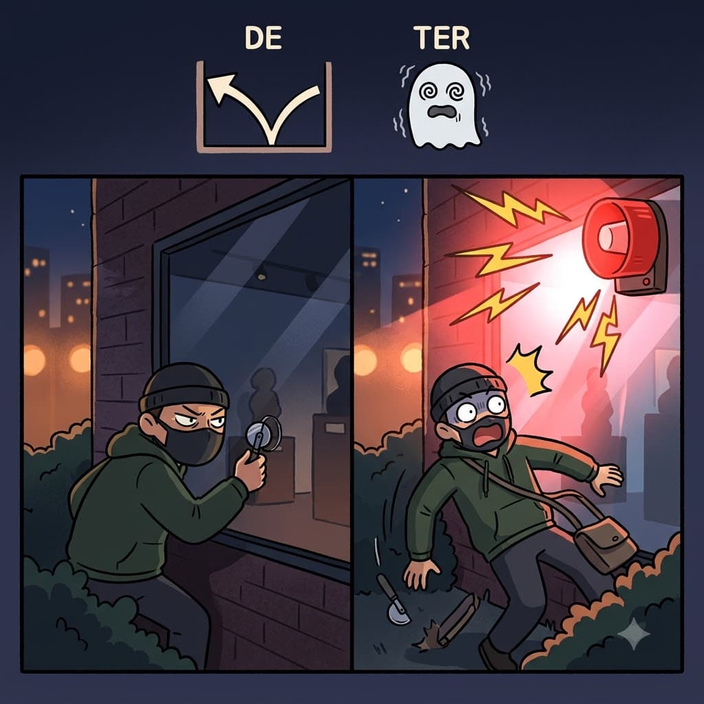 DE (away) + TER (frighten with terror) — by using a loud alarm to TER (frighten) the thieves DE (away), the security system managed to deter the break-in.