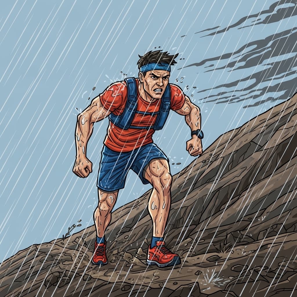 Despite the storm and steep hill, he climbs with determination.