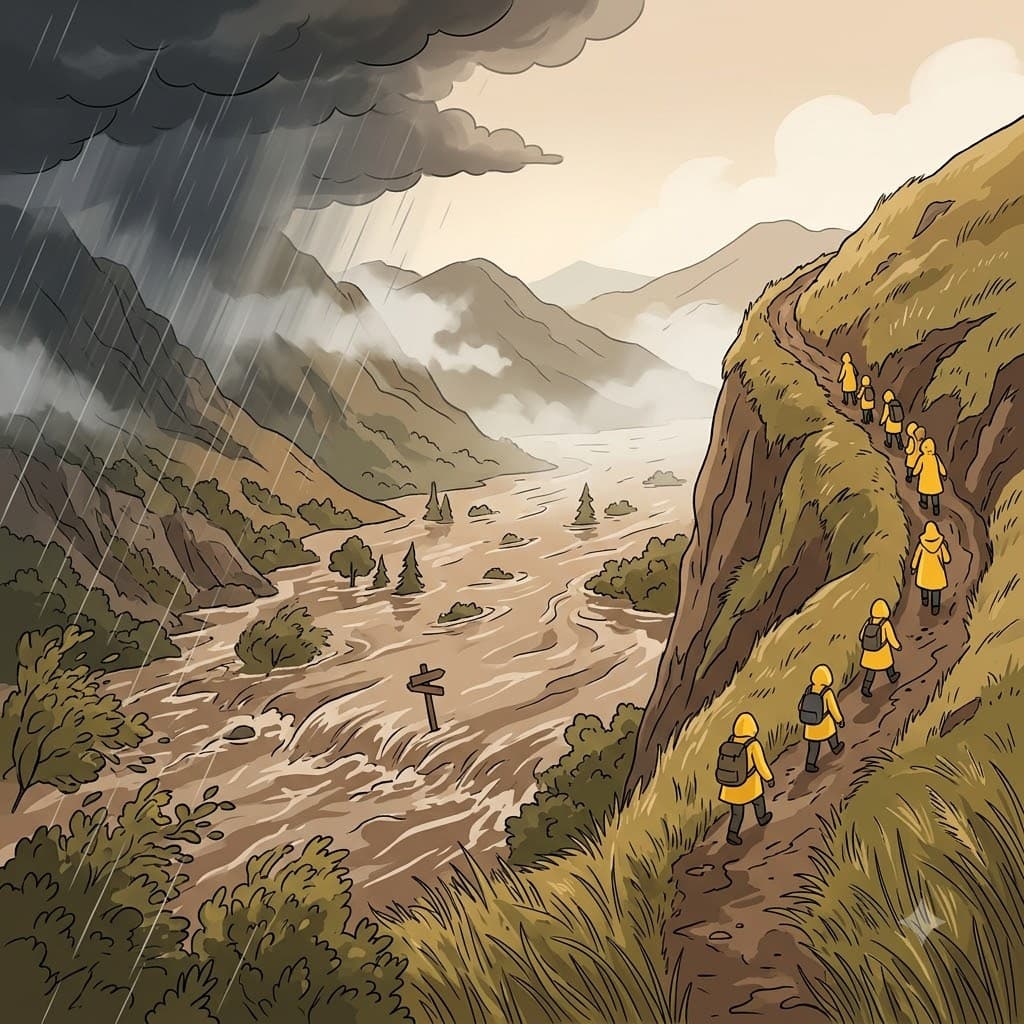 When heavy rain began to pour, flooding the entire valley floor, the hikers had to take a muddy, winding detour.