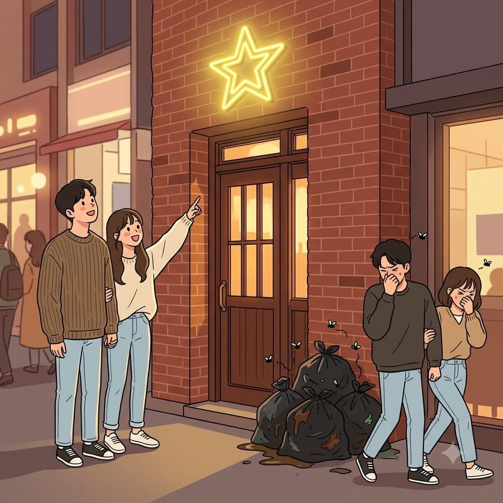 While the glowing neon sign was an attraction, the smelly garbage beside the door was a major detraction from the restaurant's appeal.