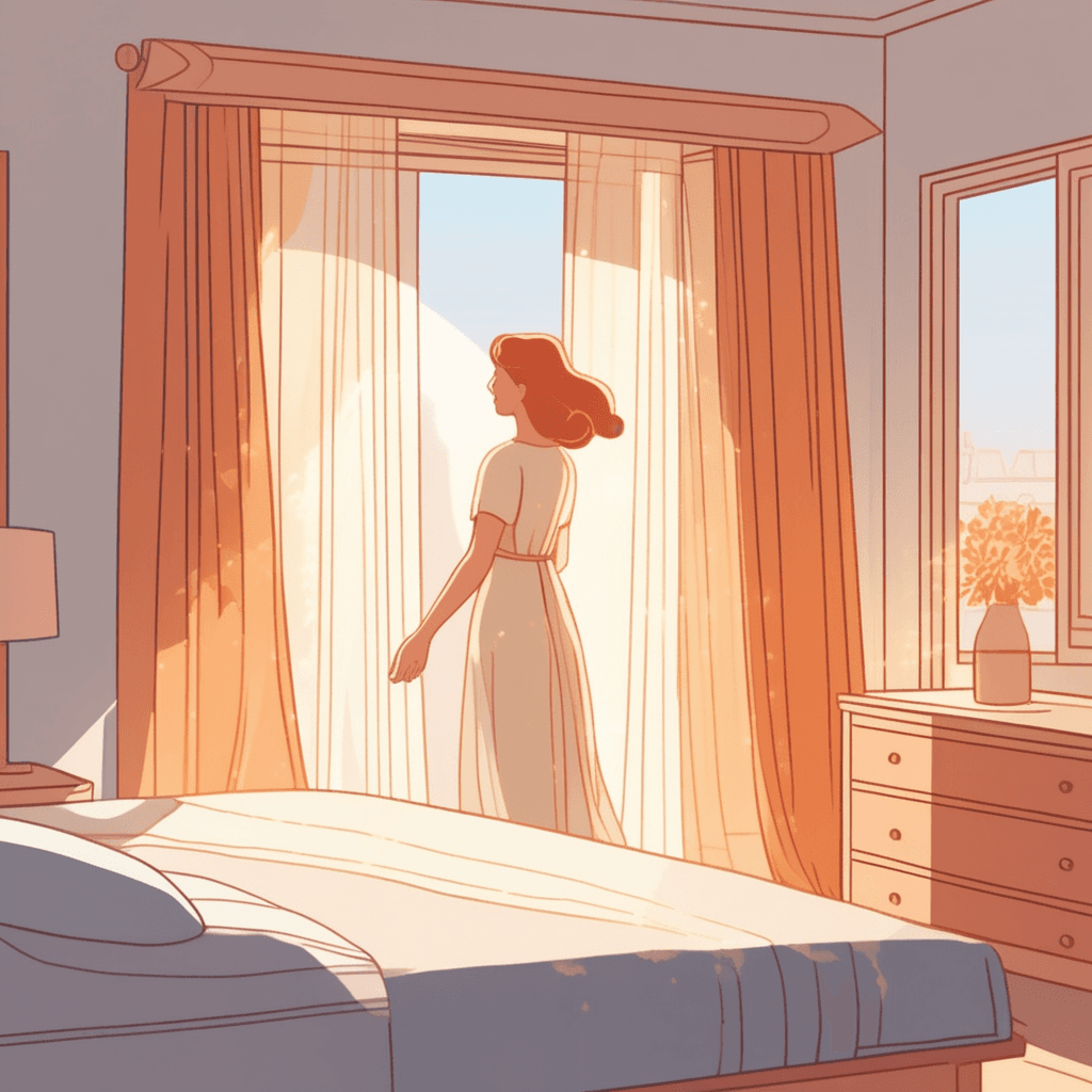 a young woman stands behind sheer white curtains that hang in front of a large window. Bright sunlight streams through the incredibly thin fabric, creating her silhouette visible through the translucent material. The curtains are so fine and delicate that every detail of her outline shows clearly as light filters through. She gently touches the gossamer fabric as it moves with a soft breeze. A child nearby points excitedly at how they can see the woman's shadow perfectly through the curtain. The sunbeams create beautiful patterns as they pass effortlessly through the gauzy material. material so thin and transparent that light shows through, appearing delicate and translucent