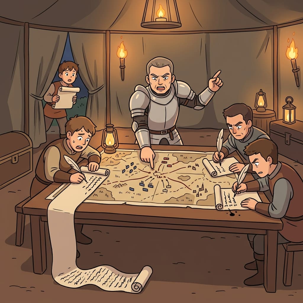 The general dictates the battle plan while officers scramble to write it down.