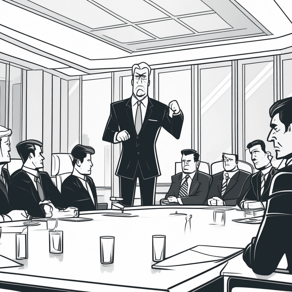 a stern-faced business executive pounds his fist on the conference table while pointing aggressively at cowering employees. His posture is rigid and commanding as he towers over the seated workers around the table. The employees shrink back in their chairs with worried expressions and defensive body language. Papers scatter from the force of his fist hitting the table as coffee cups shake. Other workers exchange nervous glances while avoiding direct eye contact with their overbearing leader. having or showing a tendency to tell people what to do in an autocratic way