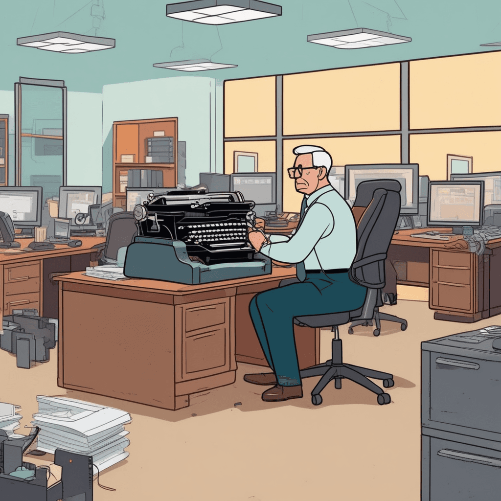 an elderly businessman clutches his old typewriter protectively while IT workers try to replace it with a computer. He shakes his head firmly and pushes away the new equipment being offered. Around him, other employees have already switched to modern laptops and tablets. The IT team looks frustrated as they hold the new computer, unable to convince him to make the change. Other coworkers watch the standoff with mixed expressions of amusement and concern. a person who strongly opposes change and continues supporting something despite opposition