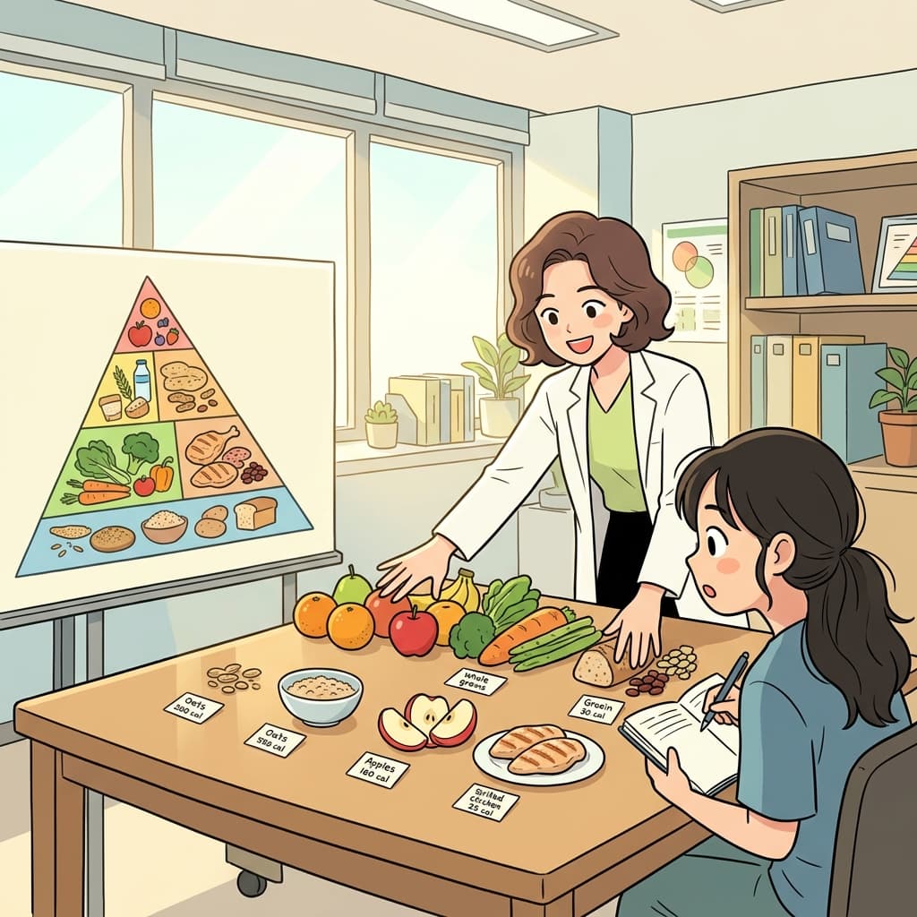 The nutritionist explains dietary needs using a colorful food chart.