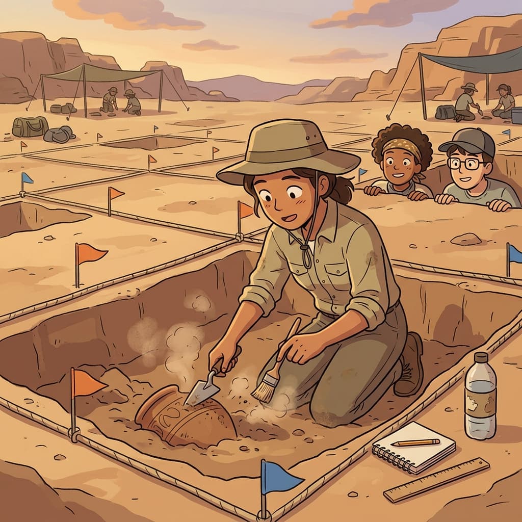 The archaeologist begins to dig carefully around the buried ancient pottery.