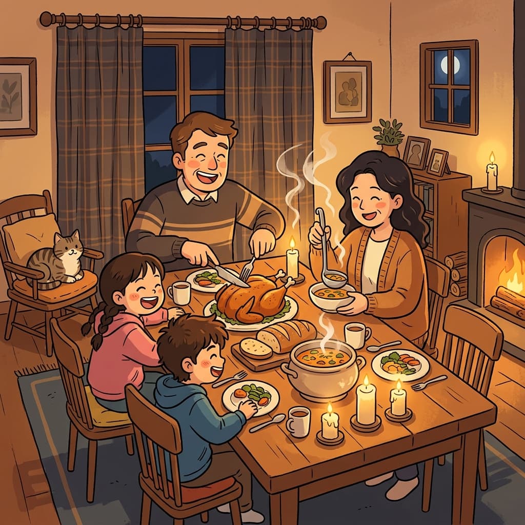 The family gathers to dine under warm candlelight after a long week.