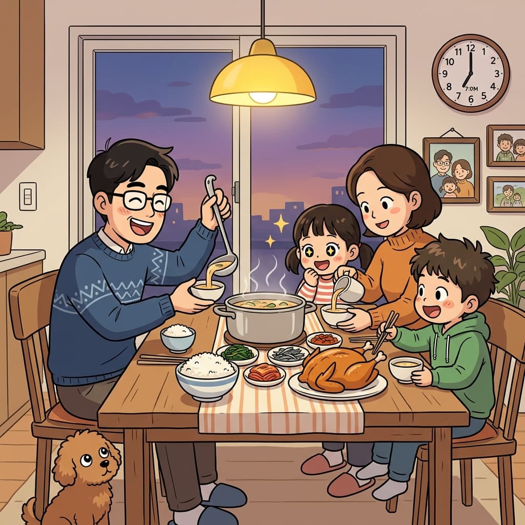 The family gathers around the table for a warm dinner together.