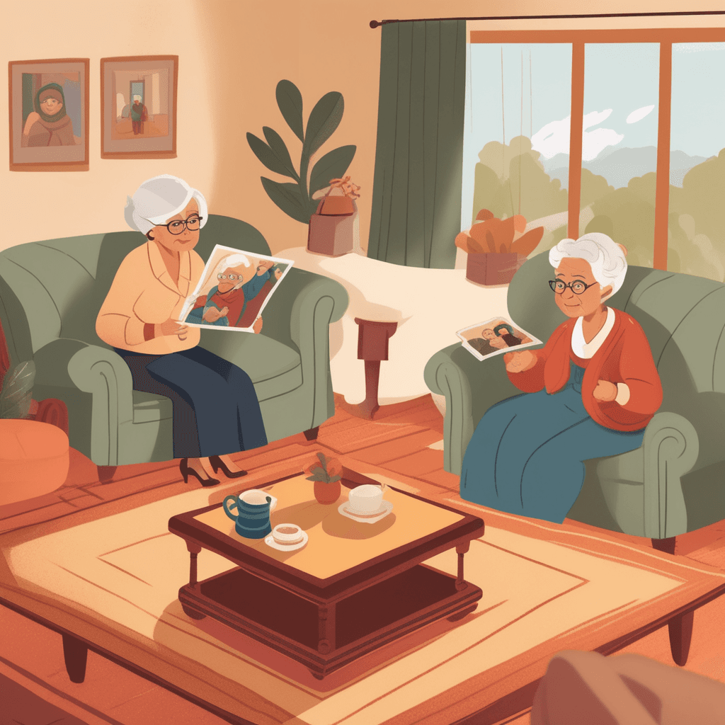 an elderly grandmother holds up an old family photograph while pointing to a specific person in the picture. Her grandson sits beside her with his eyes widening as he realizes his mistake about their family history. The grandmother gently shakes her head with a knowing smile as she shows him the truth. The boy's expression changes from confusion to understanding as the evidence becomes clear. Other family members nearby nod in agreement, supporting the grandmother's correction. someone being freed from a mistaken belief through careful explanation and proof
