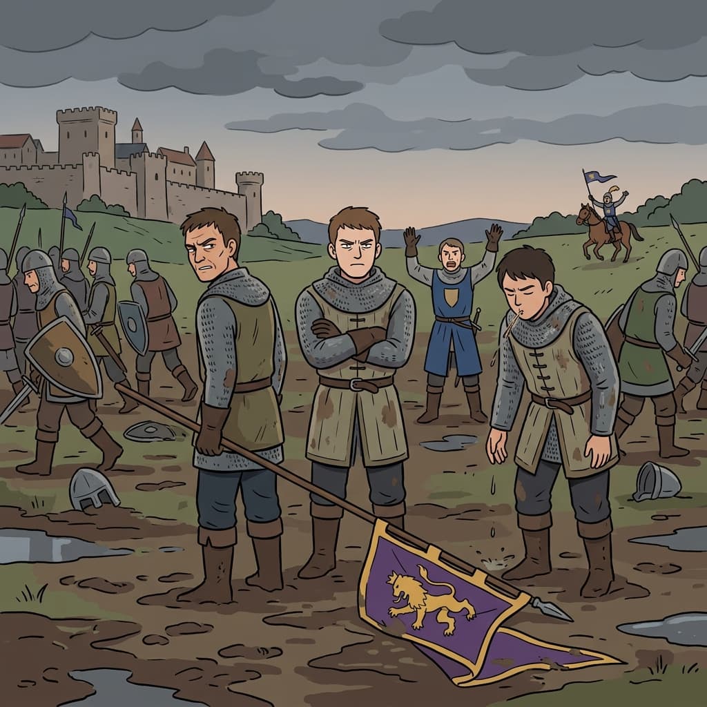 The disaffected soldiers lowered their banners, refusing to fight for the king anymore.