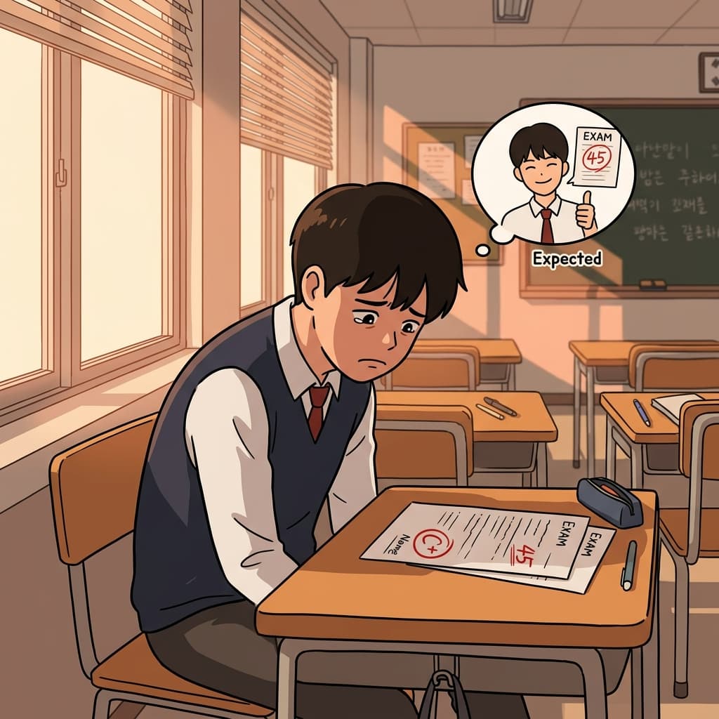 He felt disappointed when his exam score was much lower than expected.