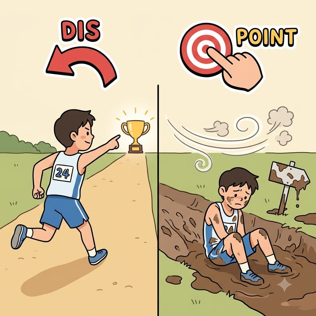 DIS (away) + POINT (expectation) — by having his high expectation pointed DIS (away) from his dream, the boy felt disappointed.