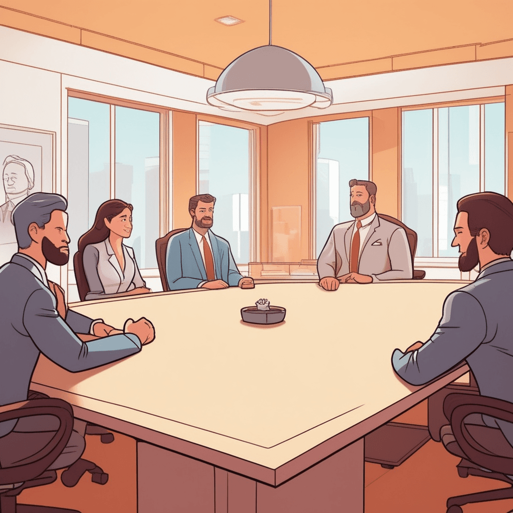a friendly mediator sits between two angry business people with a gentle smile and open hands. She listens carefully and nods with understanding while speaking softly to both sides. The two previously furious executives begin to relax their clenched fists and stern expressions. Their angry faces gradually soften as they lean back in their chairs and start to smile slightly. Other meeting attendees around the table watch as the tension melts away from the room. someone removing hostility and winning people over through natural charm