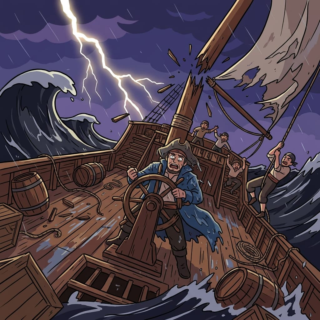The captain watched in horror as the disastrous storm tore his ship apart.