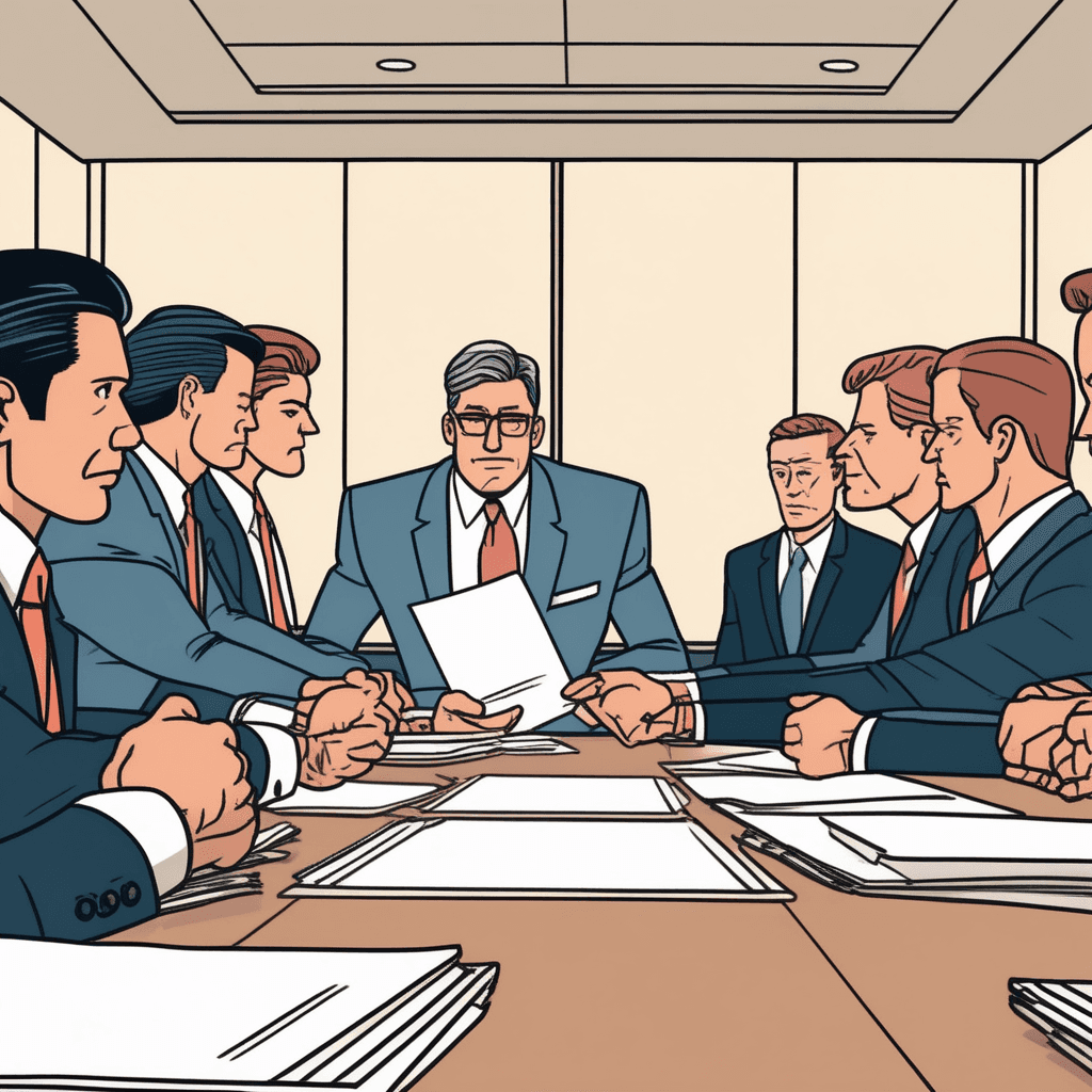 a CEO in a business suit pushes away a stack of incriminating documents with both hands while shaking his head firmly. His facial expression shows clear rejection and refusal as he turns his body away from the papers. The documents contain evidence of wrongdoing that he previously approved and signed. Now he completely denies any involvement or knowledge of the controversial decisions. Other executives around the table watch with concerned expressions as he distances himself from responsibility. Board members look shocked at his sudden change of position. someone denying any responsibility for or connection with previous actions