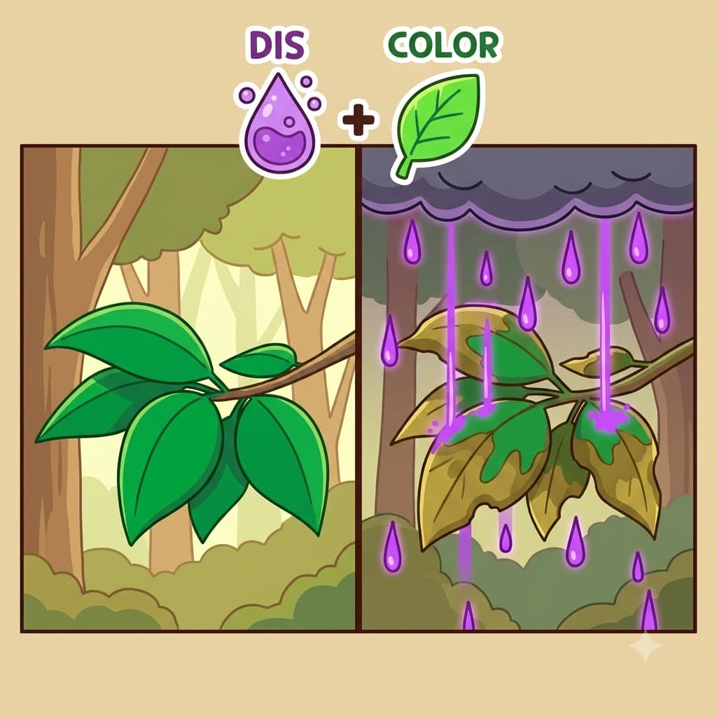 DIS(away) + COLOR(hue) — by stripping DIS(away) the natural COLOR(hue) with toxic rain, the chemical storm discolored the healthy leaves.