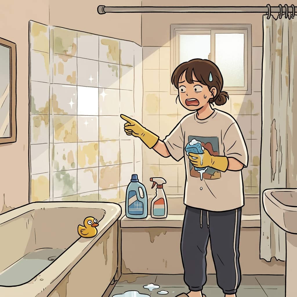 The old bathroom tiles were discolored from years of water stains.