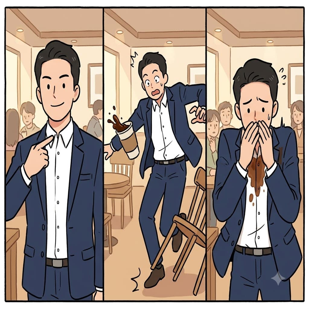 Dark coffee spilled onto his white collar, leaving the shirt badly discolored.