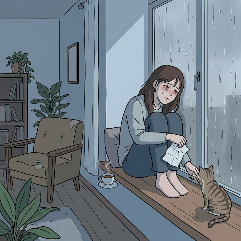She sat by the window, disconsolate, after hearing the news.