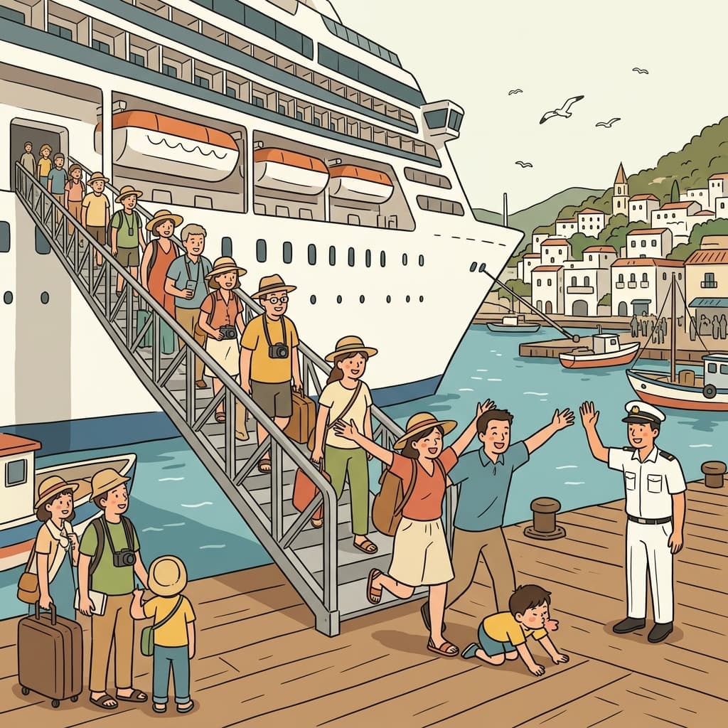 Passengers disembark from the cruise ship onto the sunny harbor dock.