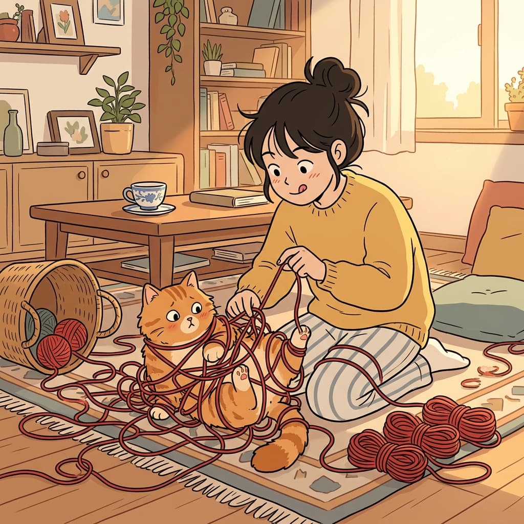 She patiently tries to disentangle the cat from a ball of yarn.