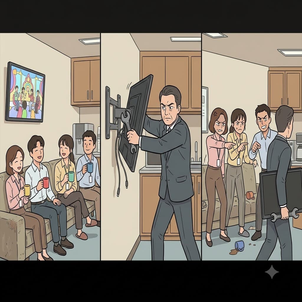 Deciding to forcefully dismantle the only breakroom TV was the perfect way to disgruntle the tired employees.