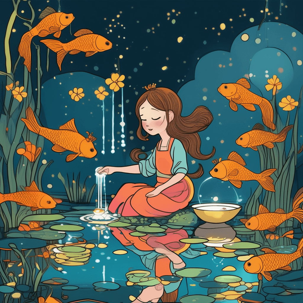 Washing dishes while making wishes, as golden fishes carry dreams away!