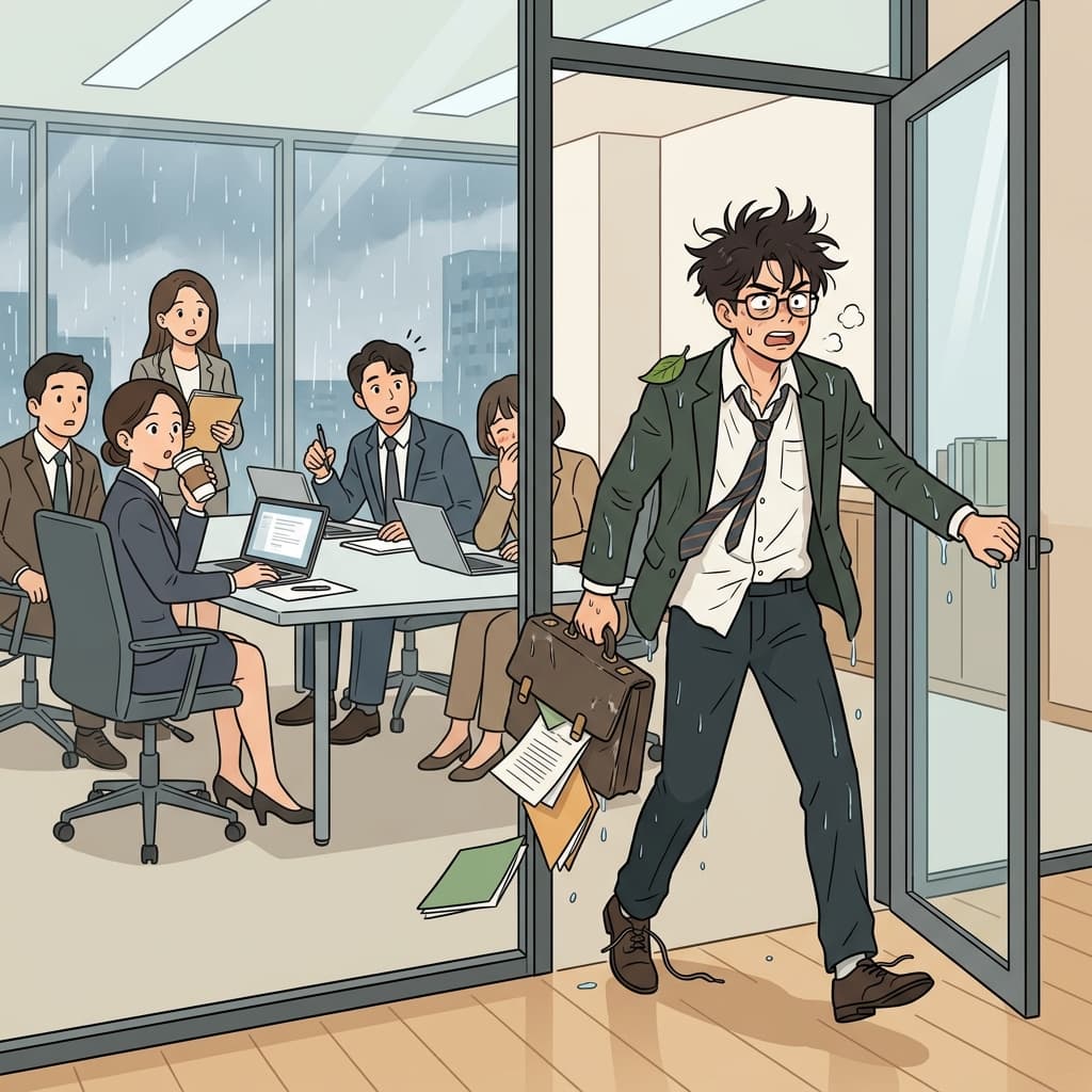 He stumbled into the meeting looking completely disheveled after running through the rain.