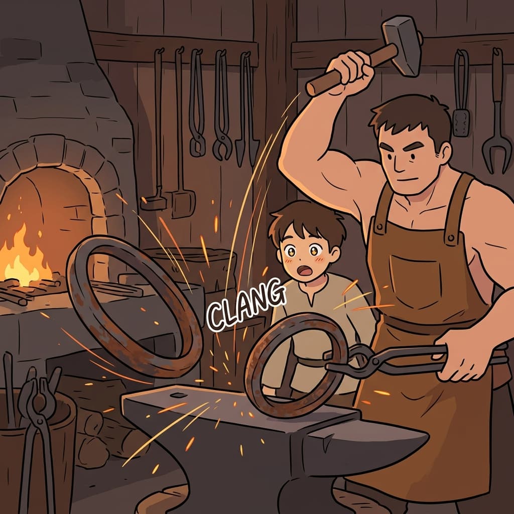 The blacksmith struck hard to disjoin the two rusted iron rings.