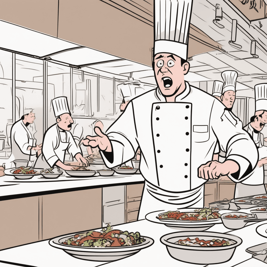 a frustrated head chef tries to coordinate multiple cooking tasks while shouting scattered, unrelated instructions to his team. He points in different directions while calling out random dish names that don't match what anyone is actually preparing. One cook stirs soup while being told to flip steaks, another chops vegetables while receiving instructions about desserts. The kitchen staff looks confused and overwhelmed, with some stopping their work entirely to stare at the chef in bewilderment. Steam rises from forgotten pots as orders pile up disconnectedly on the counter. communication that lacks coherent sequence or connection, creating a disconnected and confused situation