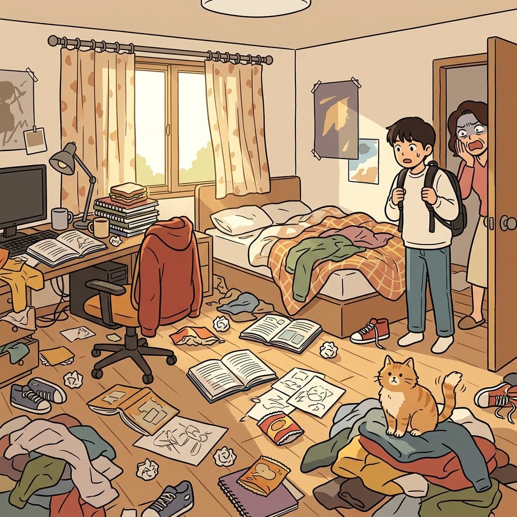 The teenager's room is in complete disorder after a week of exams.
