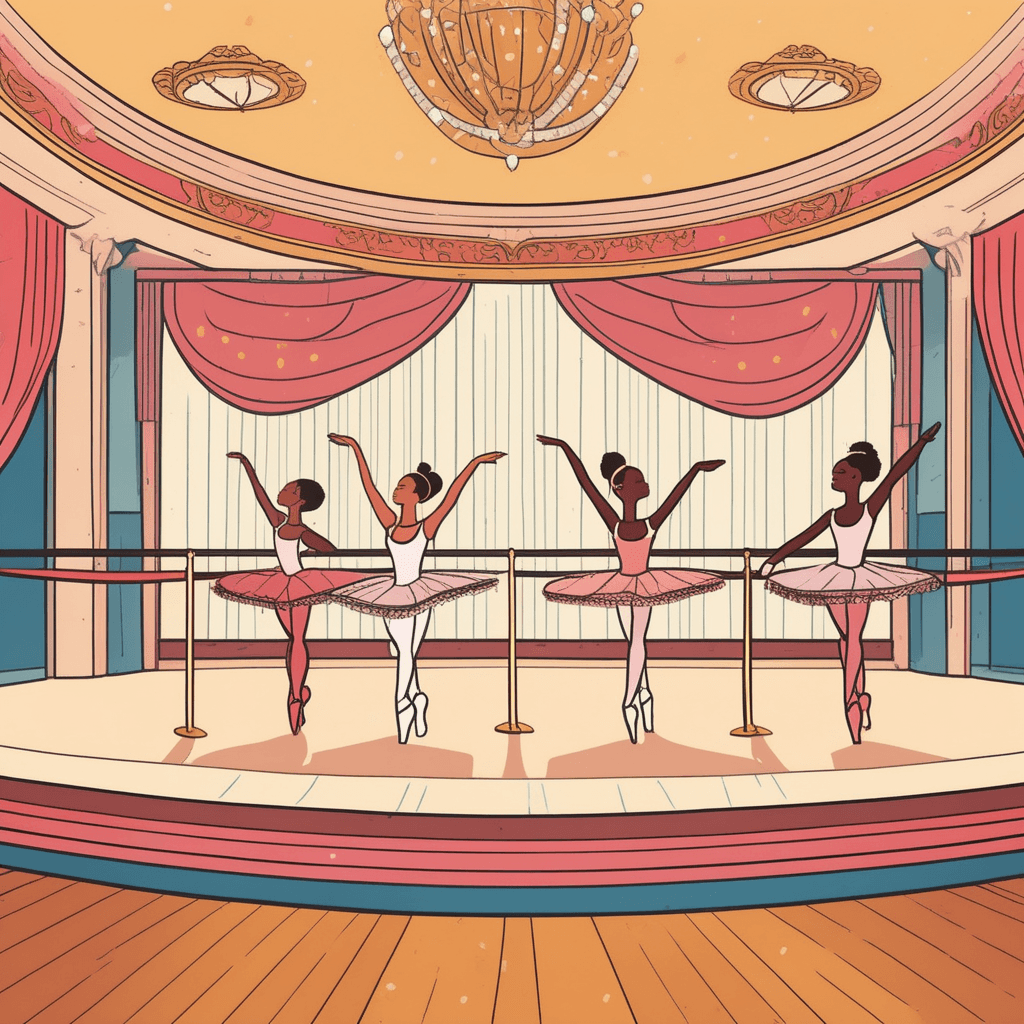a classical ballet dancer in flowing tutu practices graceful pirouettes while stretching at a portable barre. Right beside her, a heavy metal drummer pounds energetically on a drum kit with wild hair flying. The elegant dancer maintains perfect posture and delicate movements while the drummer thrashes with aggressive intensity. The ballet dancer's serene concentration contrasts sharply with the drummer's explosive energy and completely different musical style. Other performers in the background pause to notice how incredibly different these two acts are from each other. two essentially different performance styles that cannot be compared to each other