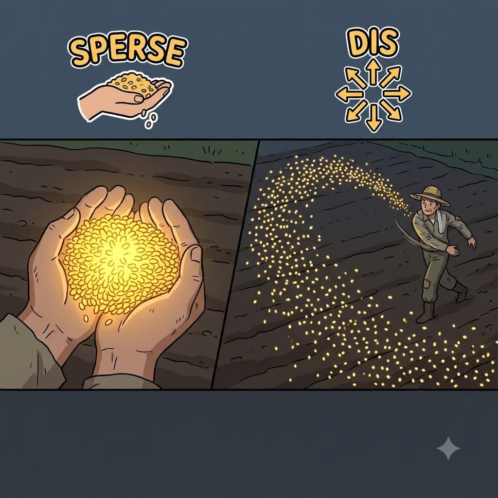 DIS(apart) + SPERSE(scatter) — swinging his arm to DIS(apart) SPERSE(scatter) the seeds, the farmer managed to disperse them evenly across the field.