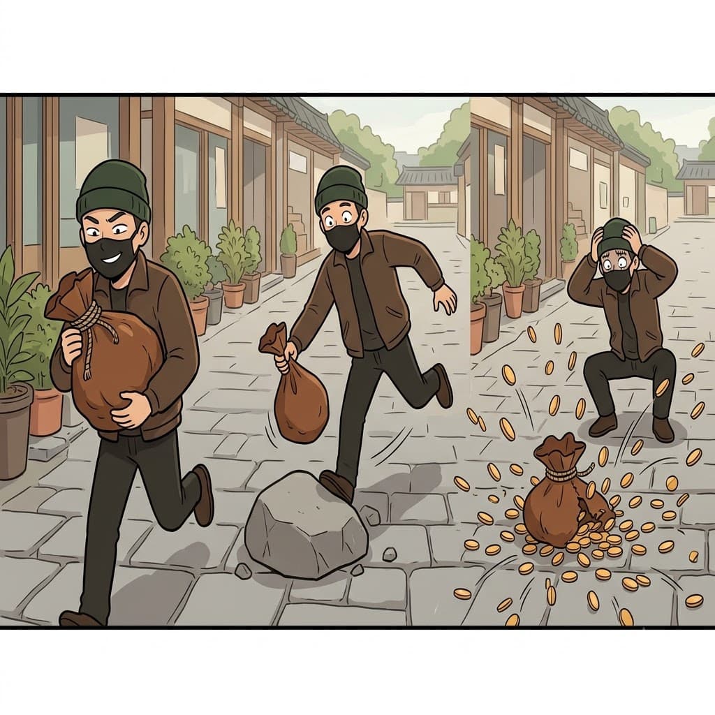Dropping his heavy, stolen purse, the clumsy thief watched the gold coins rapidly disperse across the floor.