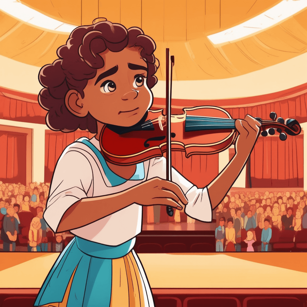 a young girl in a colorful costume stands on stage holding her violin, looking expectantly at the stern-faced judge. The judge shakes his head disapprovingly and points toward the exit with a dismissive gesture. The girl's shoulders slump as her bright smile fades into a heartbroken expression, her violin drooping in her hands. Her excited posture transforms into defeat as tears begin forming in her eyes. Other contestants in the background look away sympathetically while parents in the audience show concerned expressions. someone being made to lose hope, enthusiasm, and courage through discouragement
