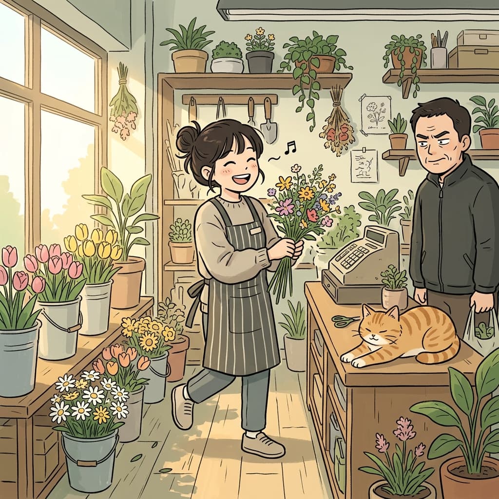 Her cheerful disposition lights up the entire flower shop every morning.