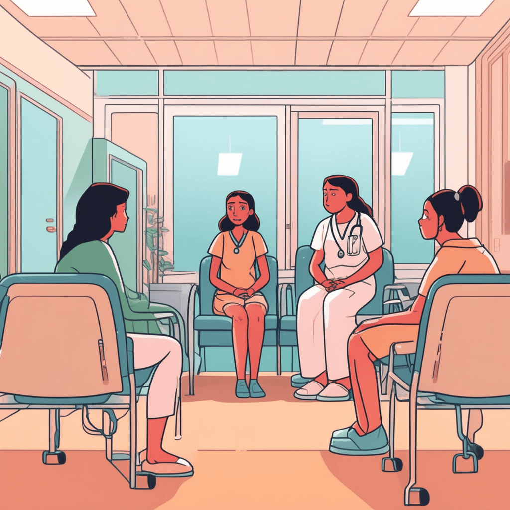 a young woman sits on the edge of a plastic chair, wringing her hands nervously while staring at closed double doors. Her leg bounces rapidly up and down as she checks the wall clock repeatedly. A doctor had told her family that her father was in surgery, but that was hours ago with no updates. Her mother paces back and forth nearby, clutching a tissue, while her brother sits with his head in his hands. The waiting room feels heavy with tension as other families whisper quietly in the background. feeling worried, anxious, and uneasy about something uncertain