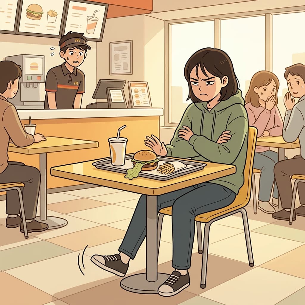 The customer looked dissatisfied with the cold, soggy burger on her tray.