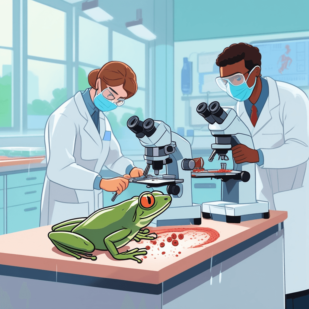 a focused student wearing safety goggles carefully uses a scalpel to cut open a preserved frog on a dissection tray. The student methodically exposes the internal organs to study the frog's anatomy. Each precise cut reveals different colored organs and tissue structures inside. The careful examination allows the student to identify and observe the specimen's internal components. A teacher stands nearby observing the procedure while other students watch attentively. Laboratory tools and reference materials are arranged around the workspace. the process of cutting up a body in order to study its structure