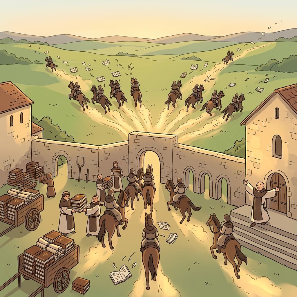 Monks disseminate sacred texts across the kingdom using fast horseback couriers.