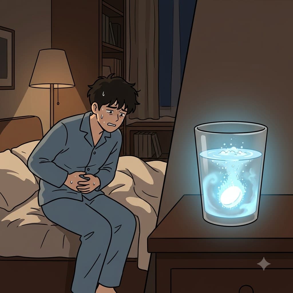 His terrible stomach pain finally began to resolve as the white pill started to dissolve in the water.