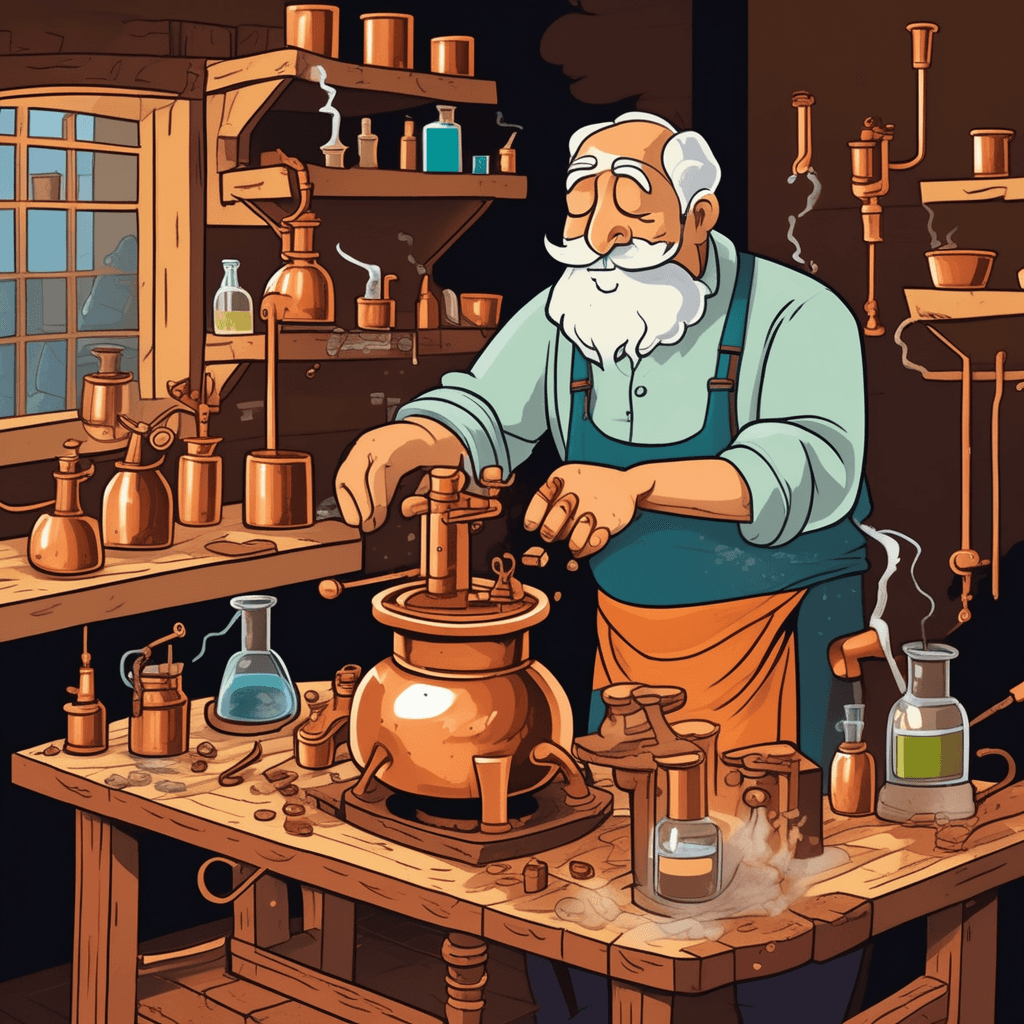 Sitting still, he uses pure skill to distill.