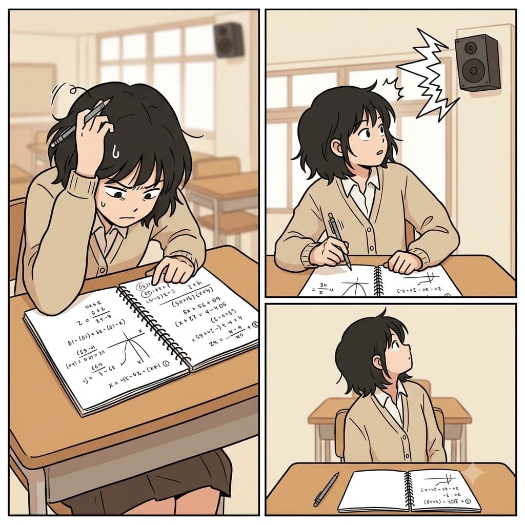 The sudden announcement left the student distracted, and she stopped focusing on the difficult math problem.