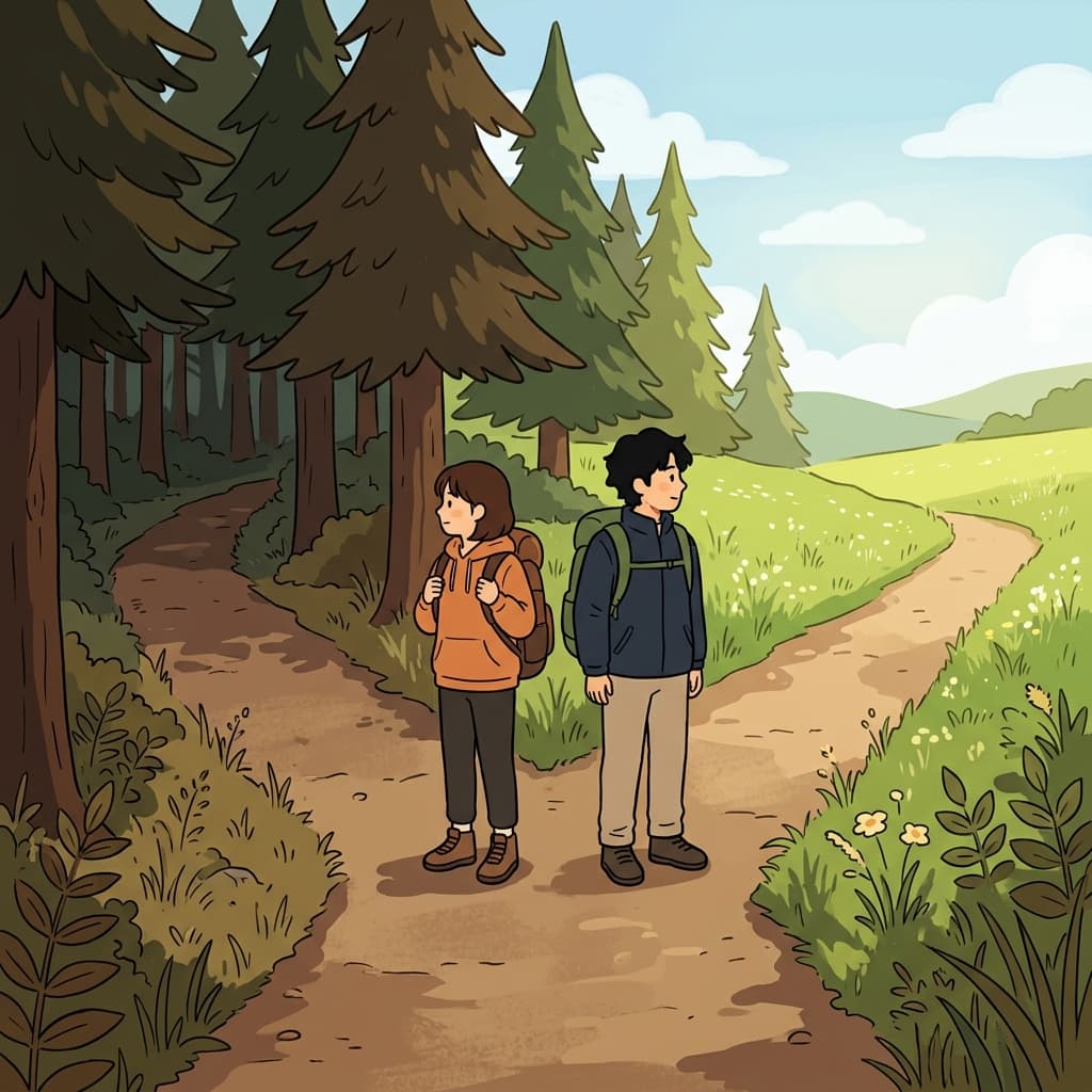 The two hikers chose divergent paths at the fork in the trail.
