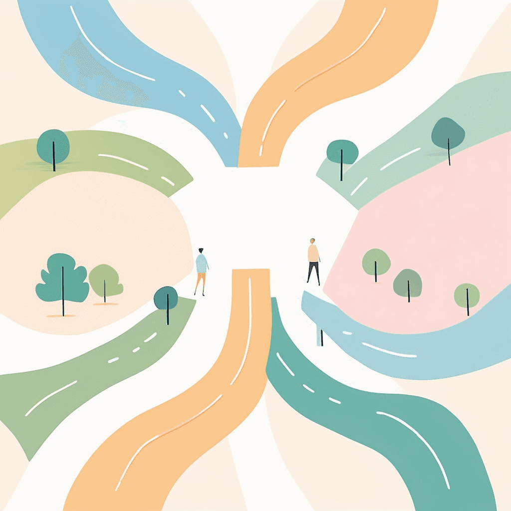 separating and going in different directions from a common point