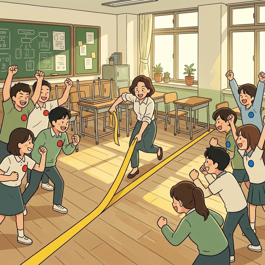 The teacher draws a line to divide the classroom into two debate teams.