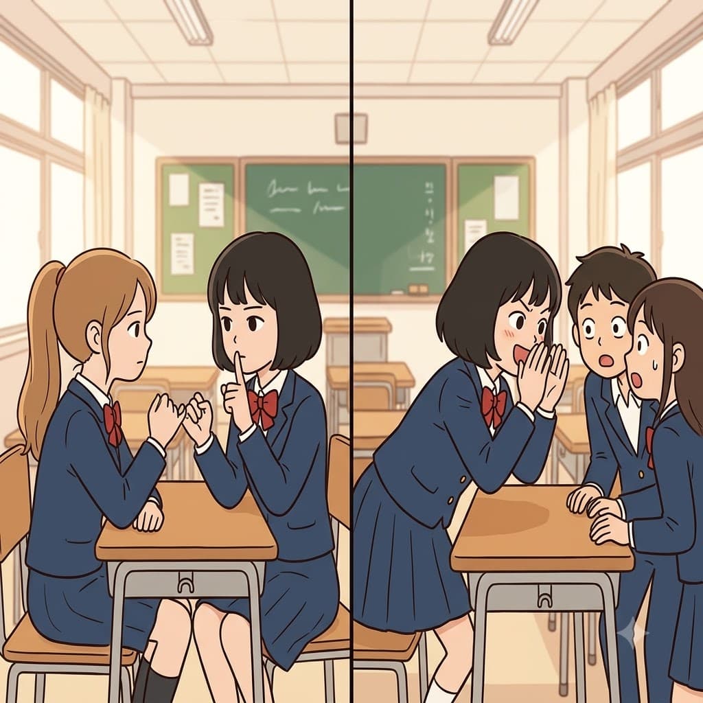 Breaking her pinky promise immediately, the girl leaned across the desk to divulge the hidden secret to her friends.