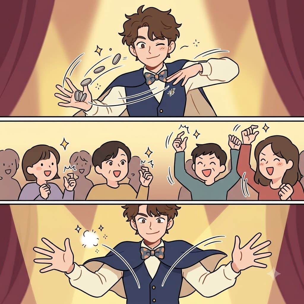 The magician's clever trick made the audience click their fingers, and his quick final move did the trick.